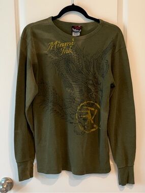 VTG Y2K Miami Ink Shirt XL 2008 Thermal Long Sleeve Tattoo Graphic Waffle